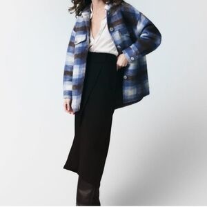 Zara Premium Wool Blend Plaid Overshirt Shacket Jacket Blue Check XS
